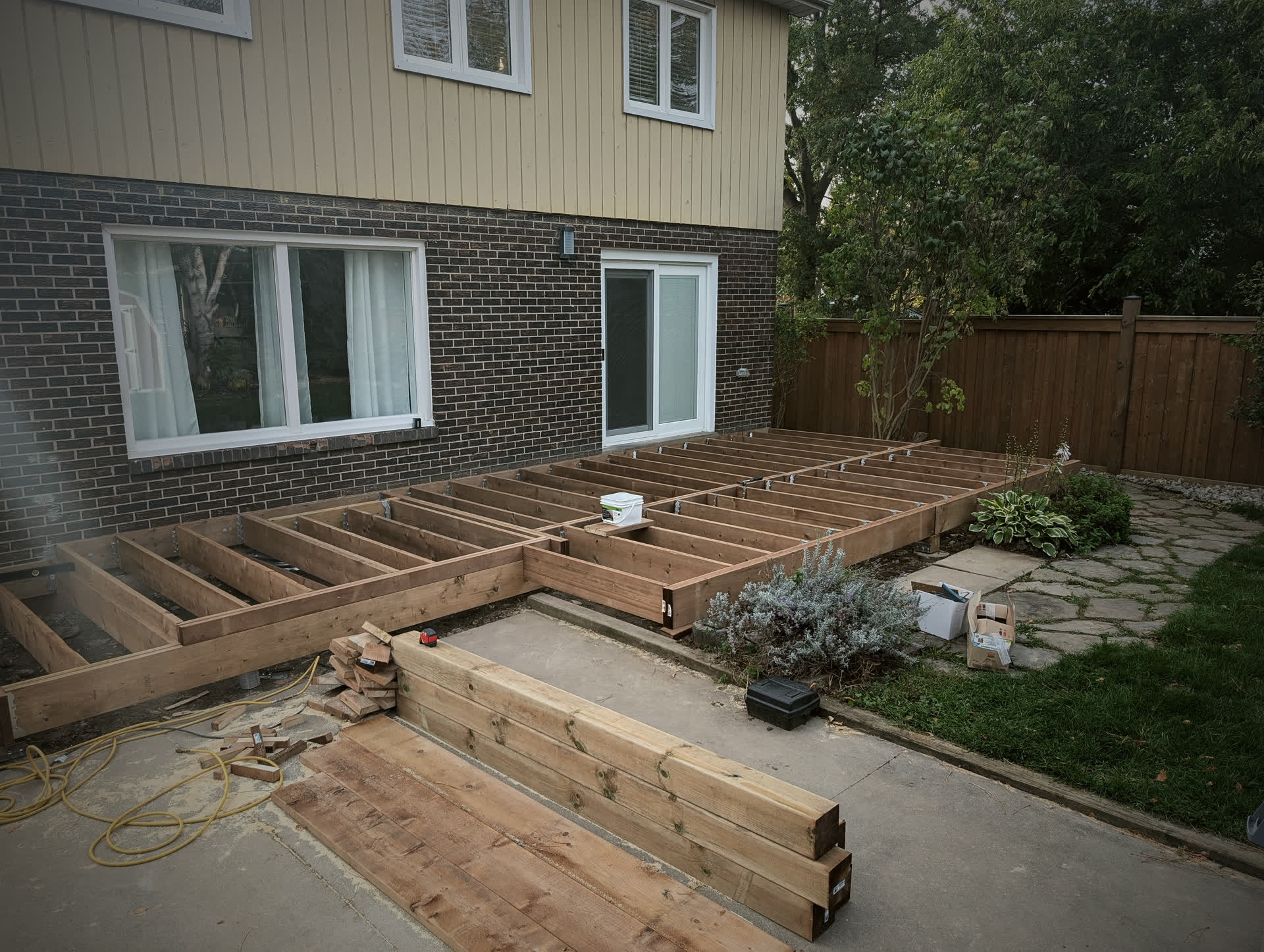 Deck joist framing squared and levelled before decking is installed